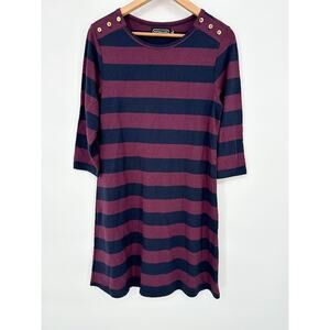 Duffield Lane Striped Dress Small Navy Blue Maroon 3/4 Sleeve Gold Button Preppy